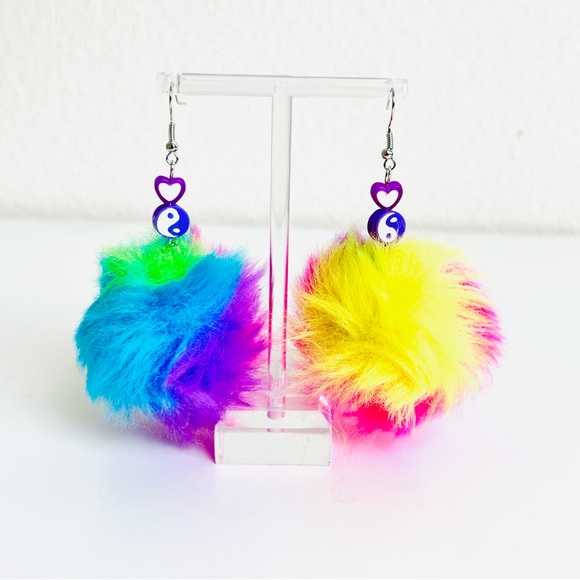 Dolls Kill Jewelry Nwt Multicolor Neon Rainbow Fuzzy Yin Yang Beaded Earrings Poshmark